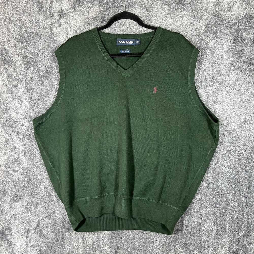 Polo Ralph Lauren Sweater Vest Mens XL Green V Neck Cotton Knit Pullover Golf